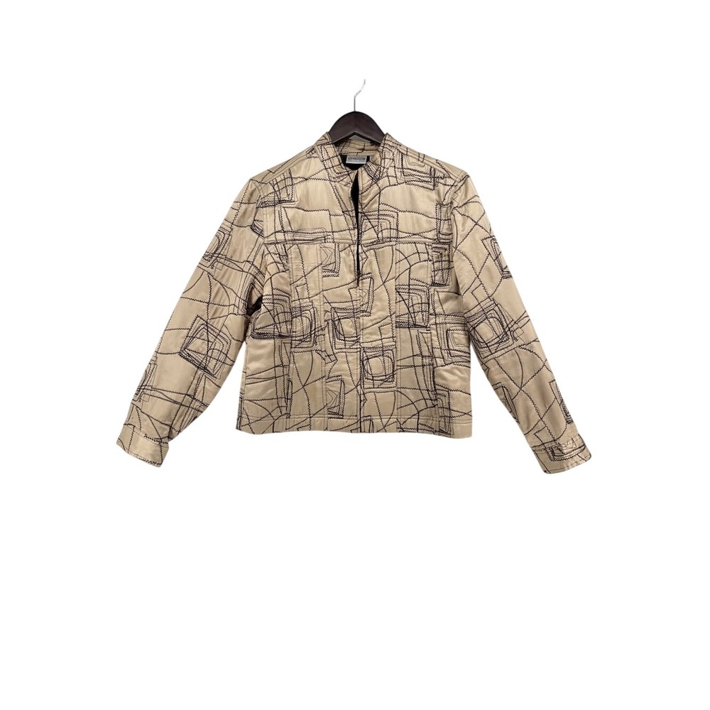 Chicos‎ Silk Geometric Embroidered Zip Jacket Champagne Gold Black Size 1 Medium